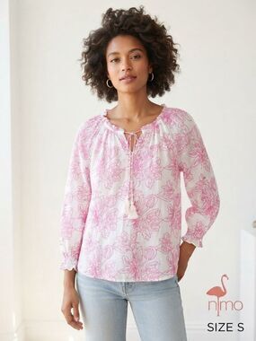 Nimo with Love Pink White Floral Block Print Peasant Blouse Sz S Tuckernuck